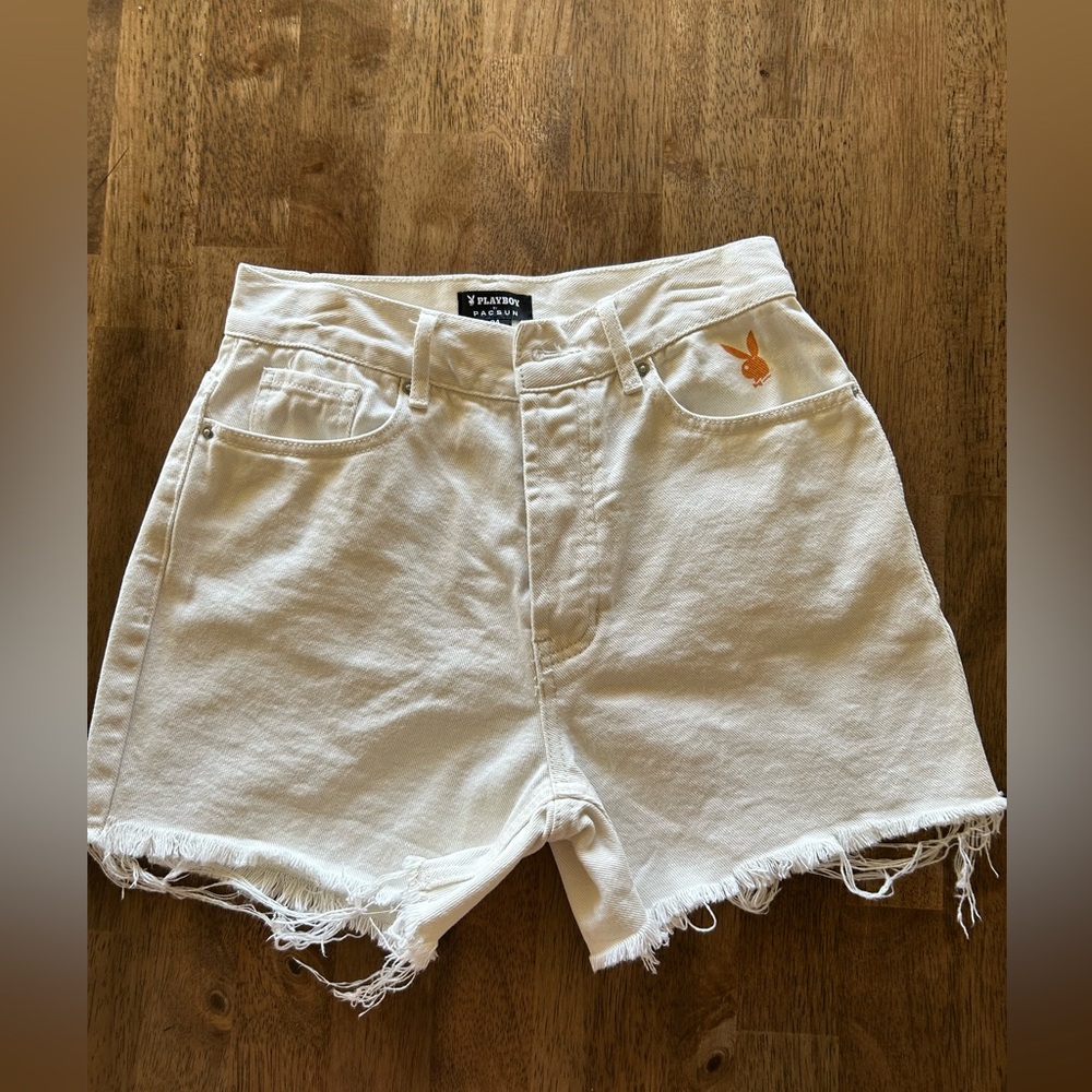 PLAYBOY  PACSUN Women's White Denim Shorts with Orange Logo